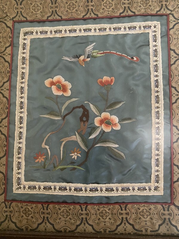 Embroidered Asian Silk Pair Of Pictures Bird/Floral. Vintage