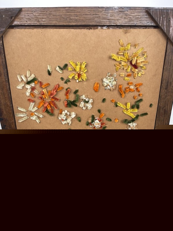 Vintage 60s Handmade Chenille pipe cleaners 3 D flowers Framed MCM Art 16x13 gallery