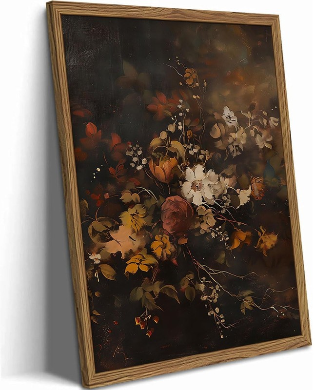 Framed Vintage Floral Wall Art，Gothic Moody Dark Flower Art Prints Painti