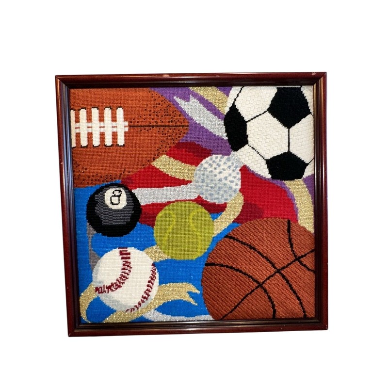 VTG Framed Needlepoint Art Football Golf Soccer Tennis Baseball Basketball Pool