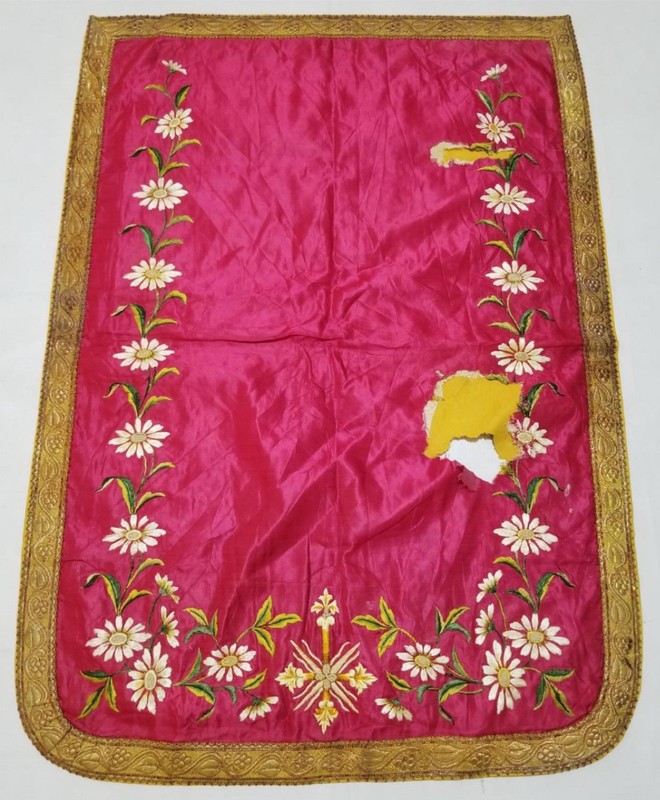 Antique French Floral Embroidered Metallic Gold Border Silk Panel 79x56cms