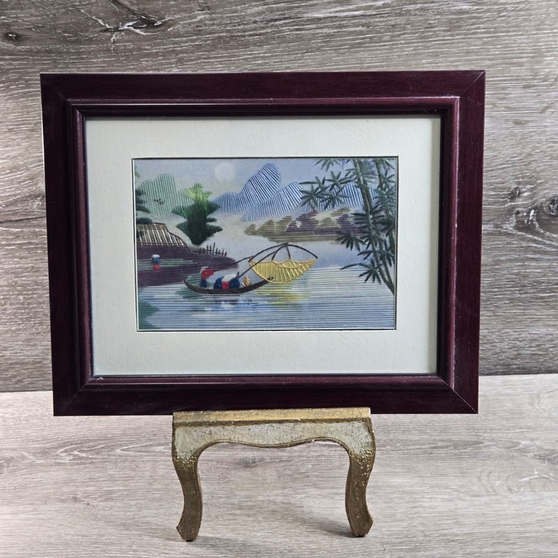 Vietnamese Embroidered Wall Art Asian River Landscape Fisherman Bamboo 8