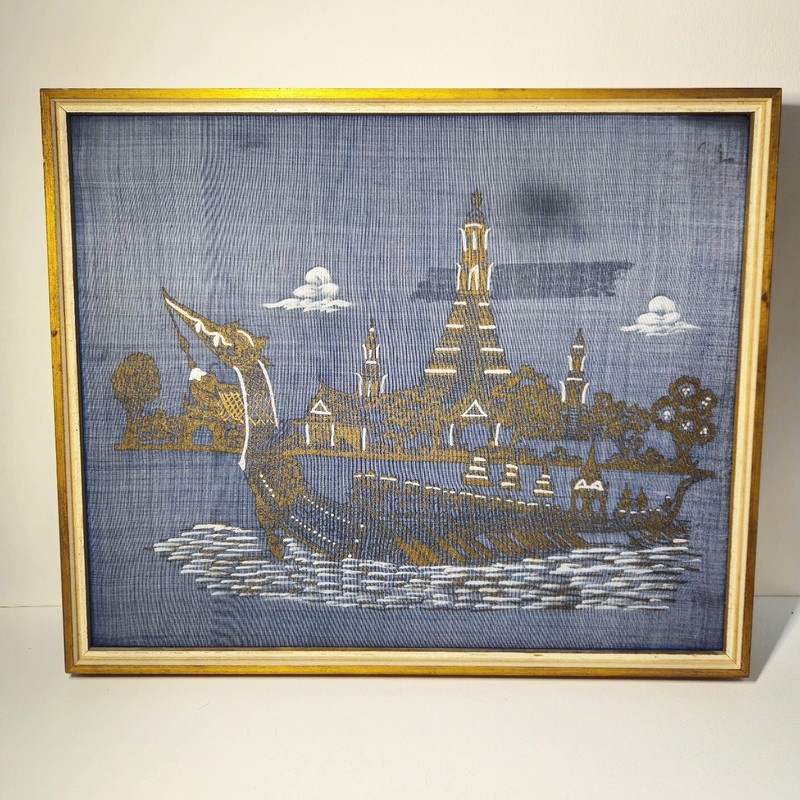 Vintage Framed Thai Silk Painting of Wat Arun in Bangkok