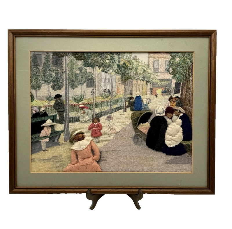 Vintage Embroidered Textile Picture Fabric Art Victorian Park Framed OOAK gallery