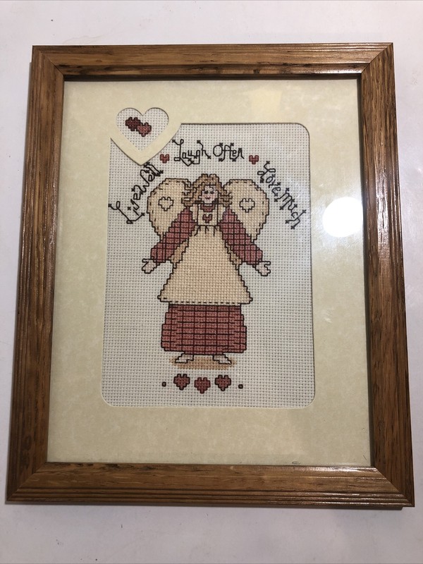 Vintage Completed Counted Cross Stitch Country “Live Love Laugh” Angel Framed