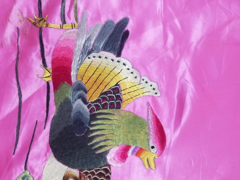 Vintage Chinese Silk Embroidered Mandarin Ducks & Floral Textile 74x54inch gallery