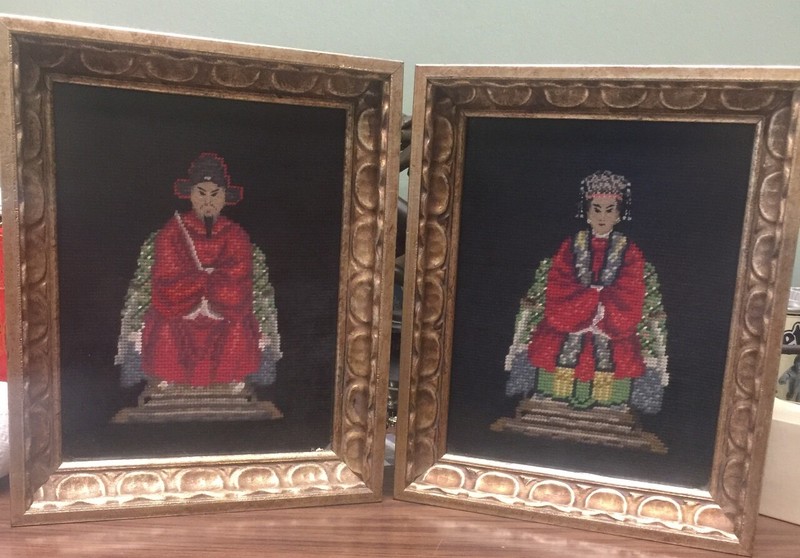 Vintage Fine Needlepoint & Petit point Asian Chinese Emperor Empress Gold Frames