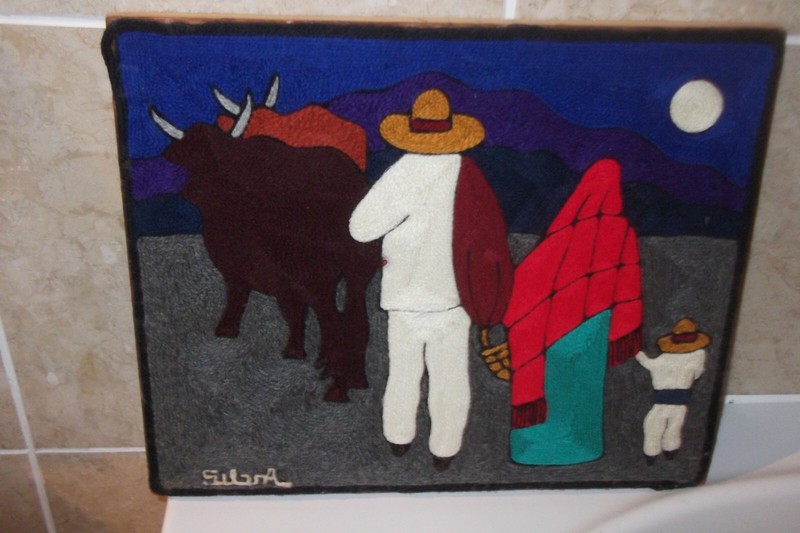 35.3 BY 28CM EMBROIDERY WOOL CREWEL WORK MEXICAN MAN,WIFE CHILD + 2 OXEN PICTURE