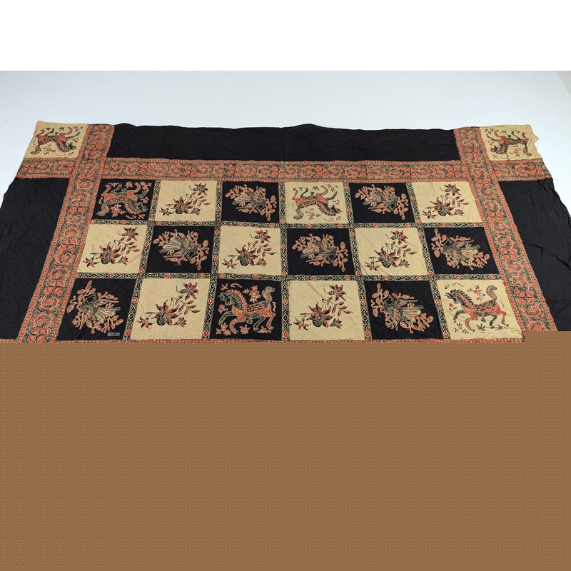 Vintage Indian Kalamkari Style Block Printed Horse & Floral Textile 217x138cm