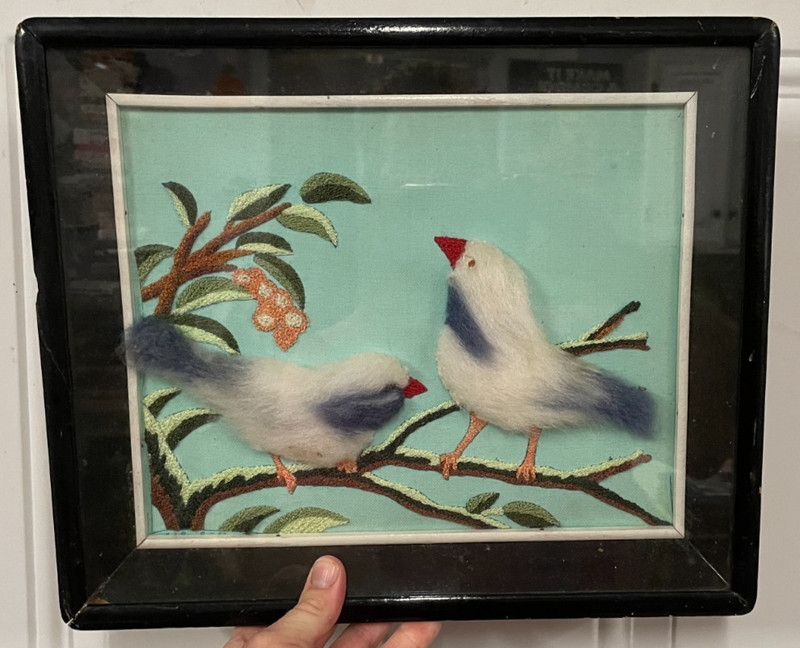 Vintage Mid Century Framed Felted Birds on Tree 15 X 12 Decor 1960’s 70’s