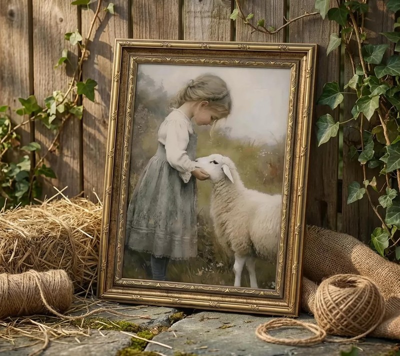 Gold Framed Vintage Aesthetic Girl With Sheep Wall Art Rustic Farmhouse Print... gallery