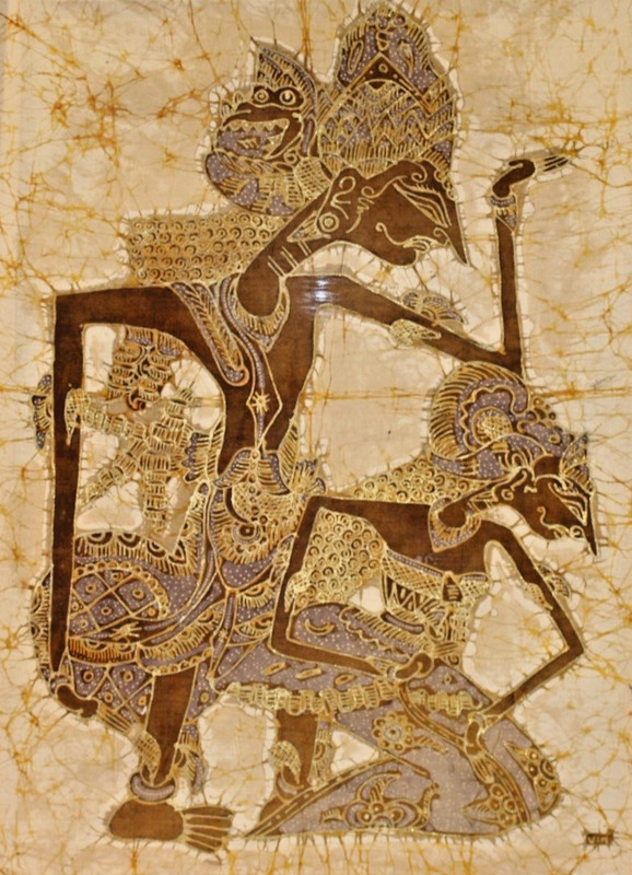 Vintage Batik Fabric Painting of Wayang Kulit Framed - No Glass 36.75"x28.25" gallery