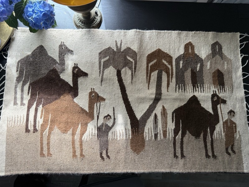 Vintage Hand Woven Woolen Camel And Palm Trees Rug/ Blanket 28/ 48