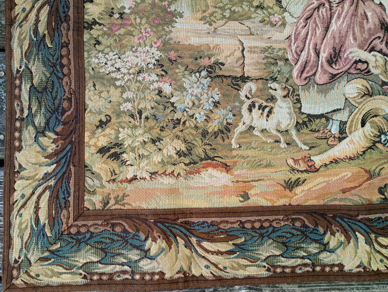 Italian Tapestry Romantic Wall Hanging Outdoor Scene Man Woman Cherub Dog Castle gallery