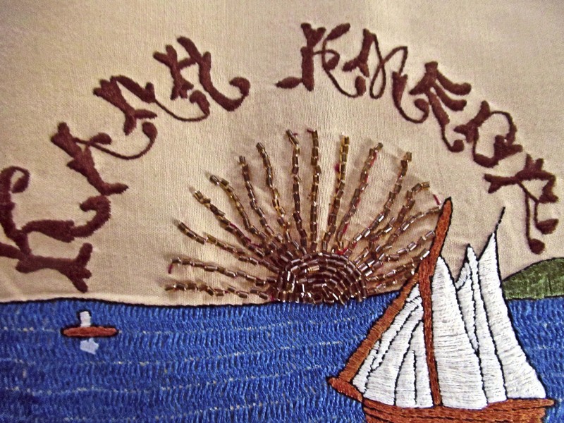 Vtg Embroidered & Beaded Panel Woman Sailboat Rising Sun Flowers Vivid Red Teal gallery
