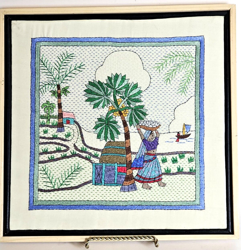 Hand Embroidered AARONG BANGLADESH Framed Art Work 12" x 12"