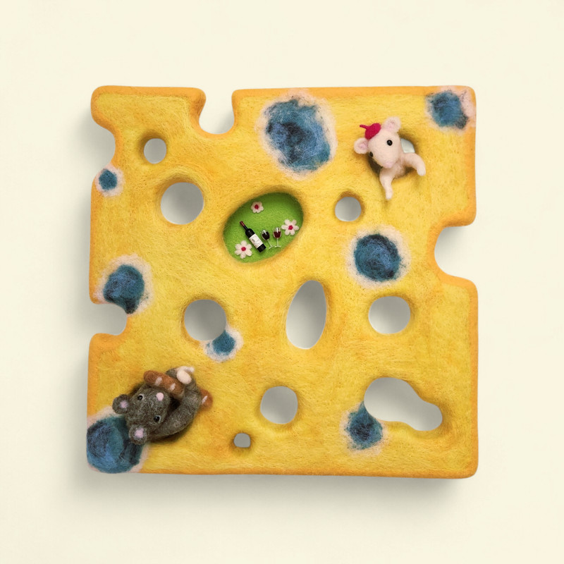 Cheesy Mice Picnic Date (Merino Wool Felted Fiber Wall Art 15×15”)