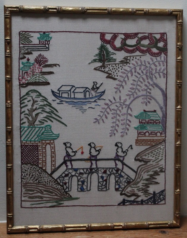 Framed Chinese Embroidered Textile Picture Bridge Boat Pagoda Scene