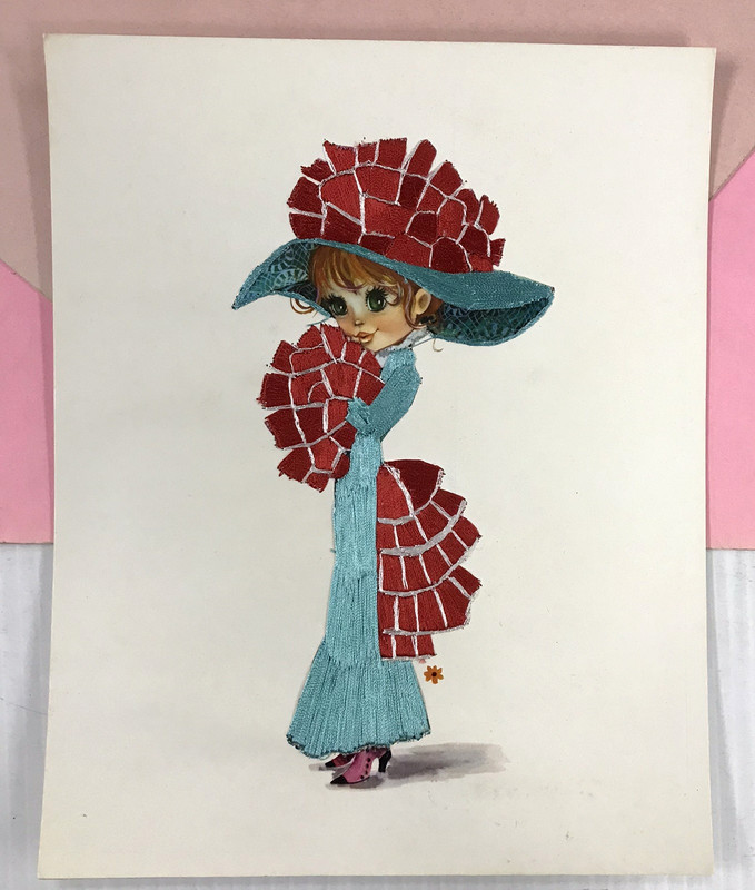 Vintage 1960s Embroidered BIG EYE Art Print from SPAIN «Parasol» (10″ x 8″) #37
