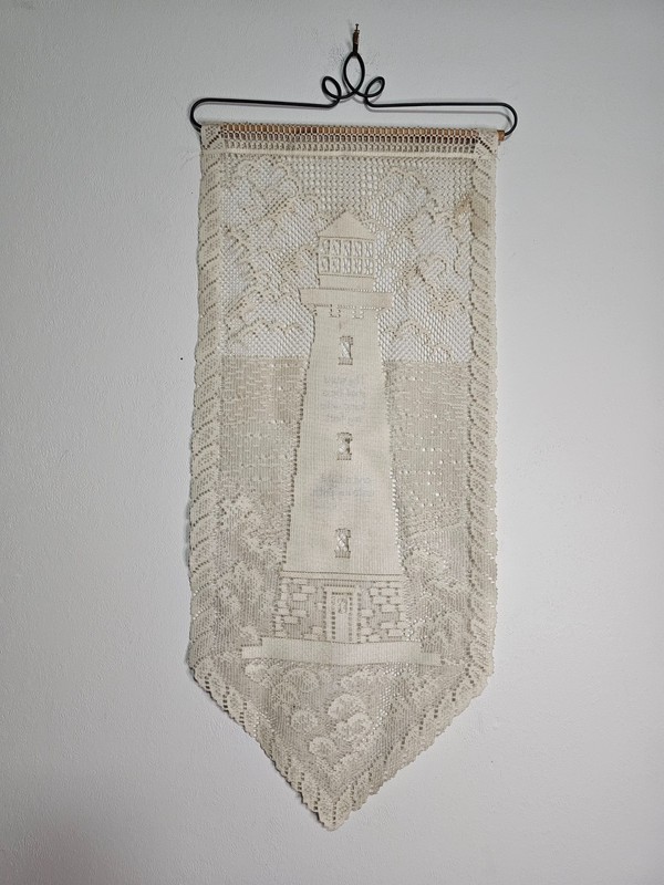 Vintage Filet White Crochet Panel Lighthouse Wall Hanging with PS 119:105 Verse gallery