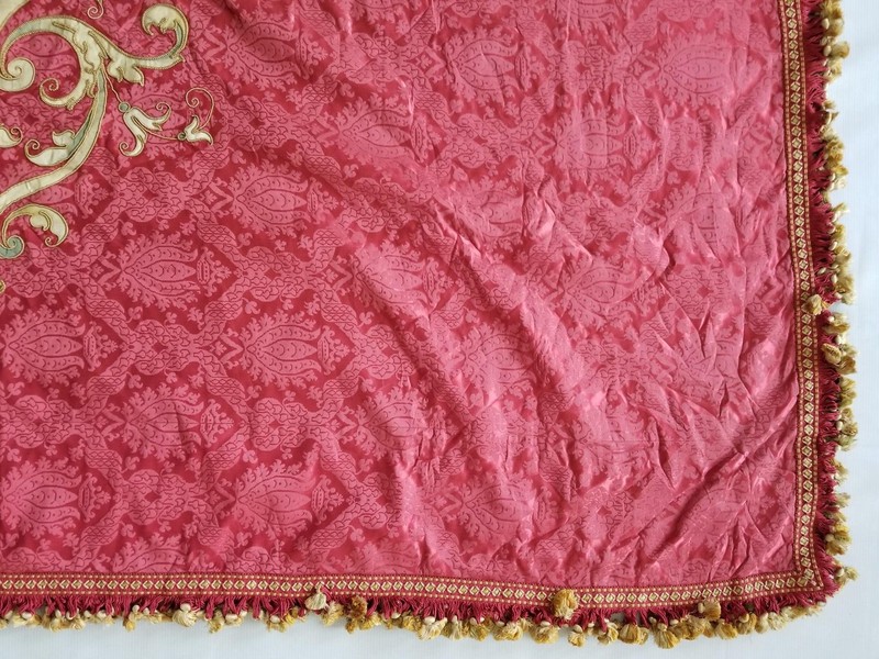 Antique French Damask Applique Embroidered Fringed Textile 172x158cm gallery