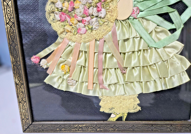 Vintage- Framed Paper Doll Ribbon Art- Lady with Yellow Dress+Flowers -9" X 11" gallery