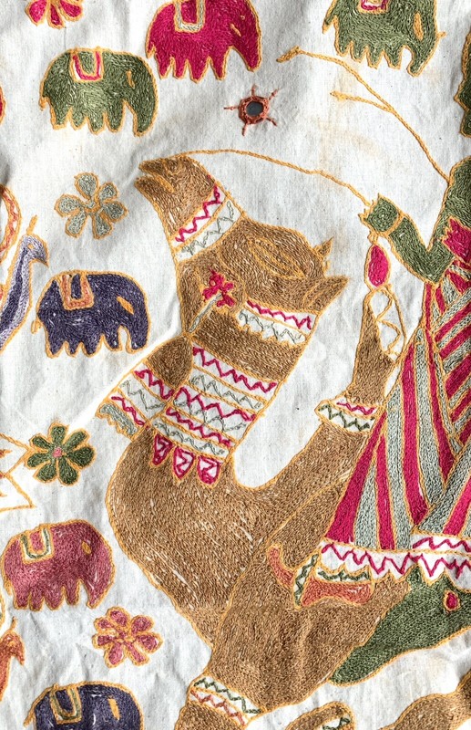 Indian Embroidered Textile ~ riders on a camel ~ wall tapestry ~ India