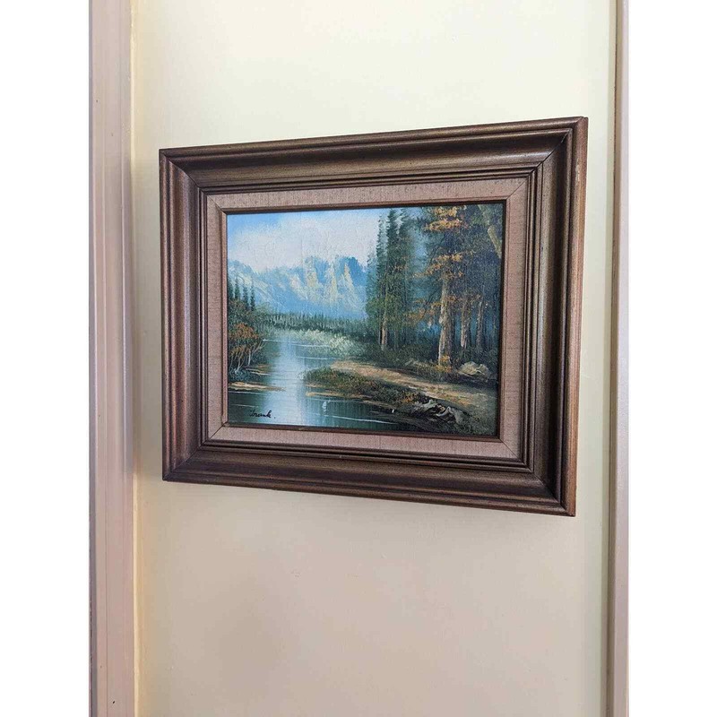 Vintage Painting Fall Mountain River Scene with Wooden Frame