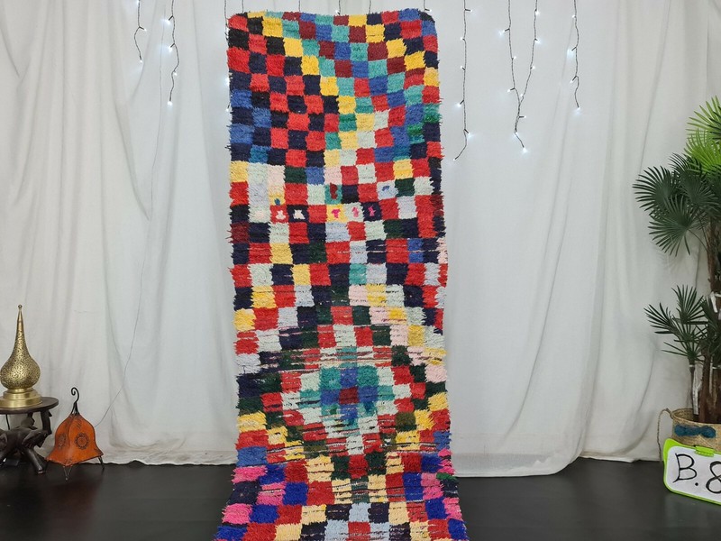 Moroccann Vintage Handmade Runner Rug 2'7x11'7ft Checkered Colorful Cotton Rug gallery