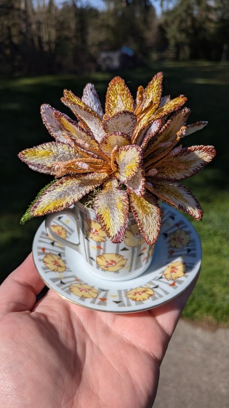 unique lily flower Sculpture Made Of Embroidery Thread in teacup eclectic 1950