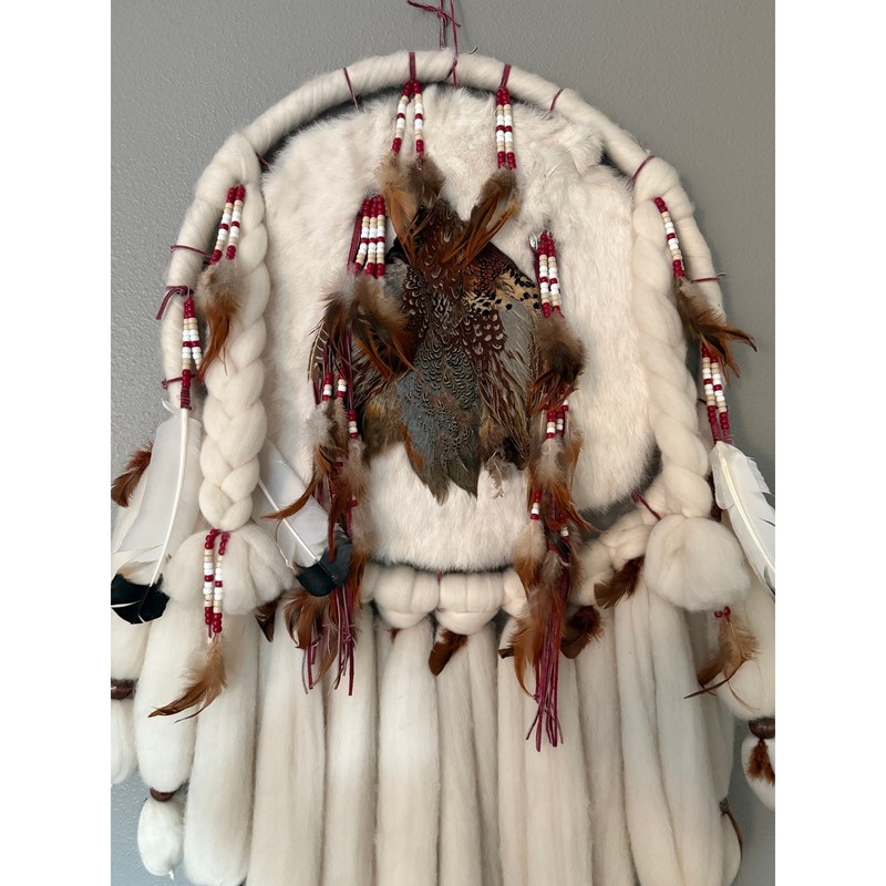 Vtg Signed Navajo Mandala Wall Hanging - Large Feather Shield 25x50” gallery