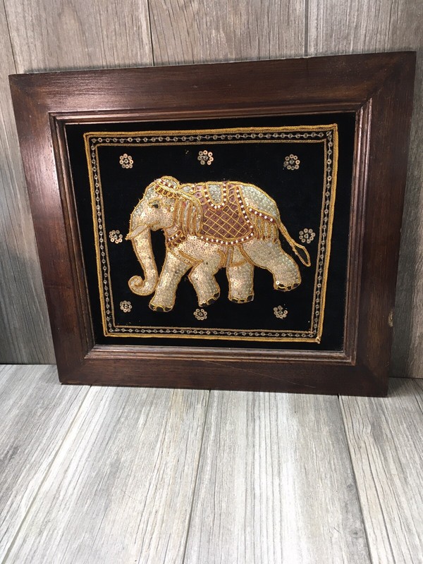 Thai Pearl Bead Sequined Elephant Hanging Wooden Framed Art Black Velvet