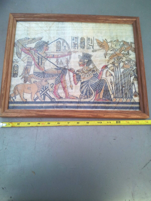 Framed Very Nice 12″ x 15″ Hand Painted Egyptian Themed Artwork on Papyrus