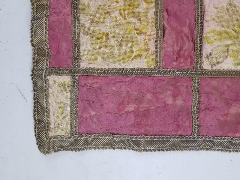 Antique French Silk Damask & Petitpoint Patchwork Textile 177x46cm gallery