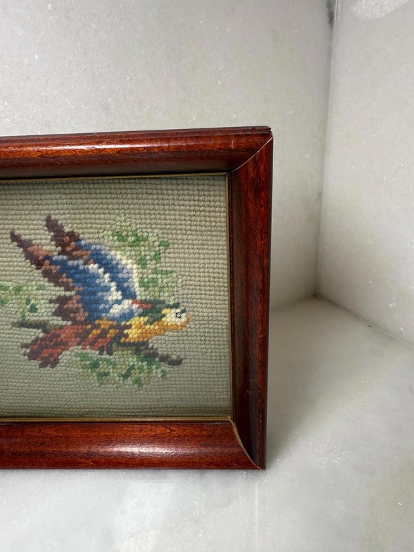 Vintage needlepoint cross stitch bird embroidery framed under glass gallery