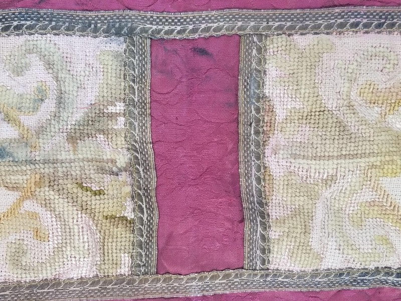 Antique French Silk Damask & Petitpoint Patchwork Textile 177x46cm gallery