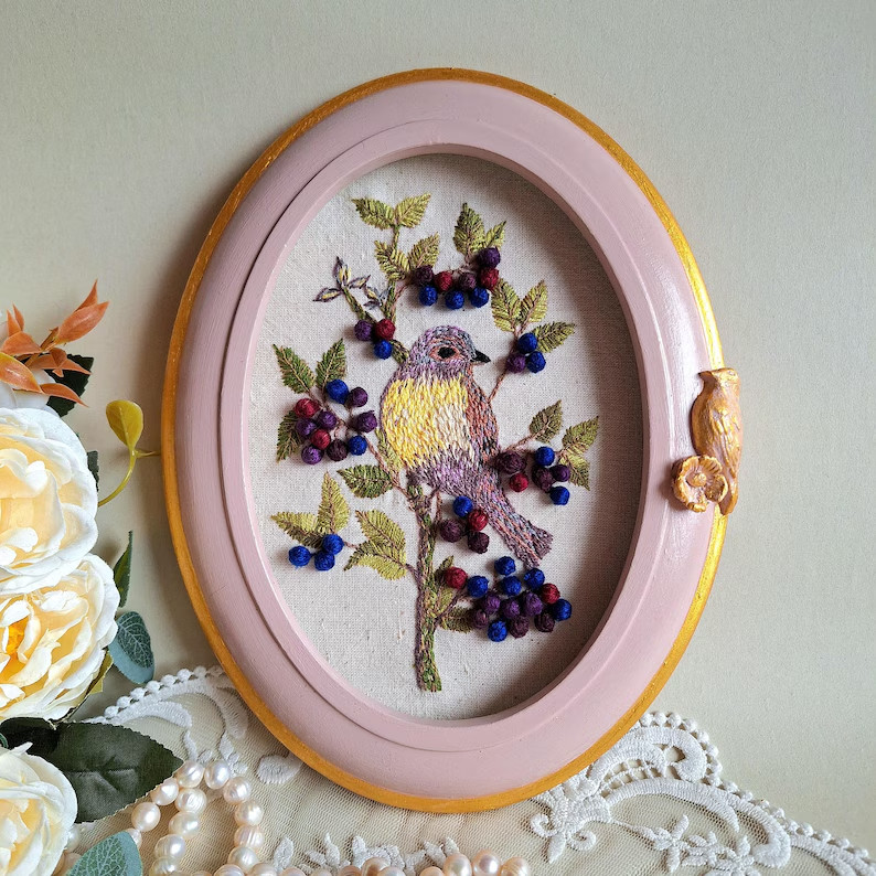 3D Beaded Berries & Bird Embroidery – Cottagecore Wall Art, Unique Handmade Gift