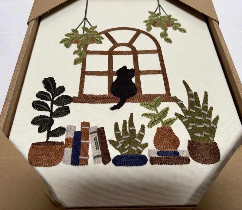 New BP Home Textile Embroidery CAT & PLANTS Wall Art Decor 14.5” X 11.74” (2)