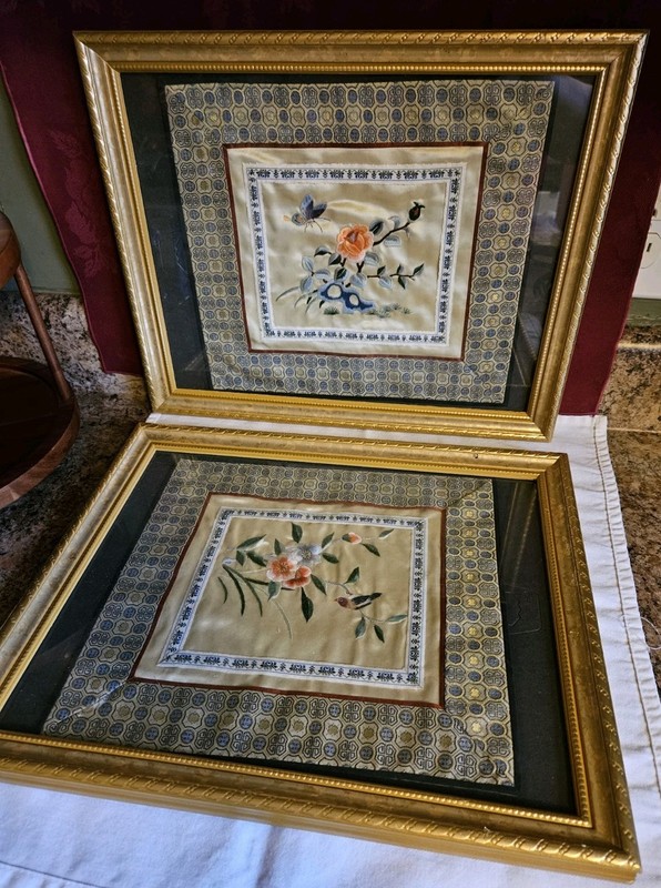 2 Vintage Chinese Silk Embroidery Panels Flowers Bird/ Flowers Butterfly