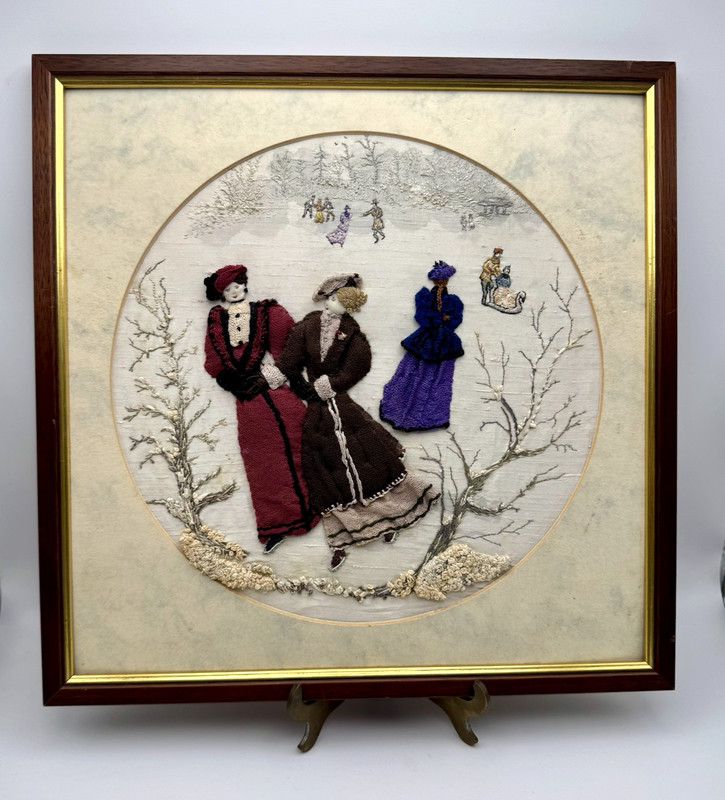 Vintage Framed Embroidered Textile Picture Fabric Art Victorian Park Framed OOAK