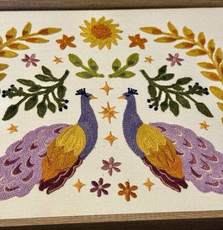 Framed Textile Wall Art BP HOME Woven PEACOCKS 14.5” x 12” BOHO Purple Leaf gallery