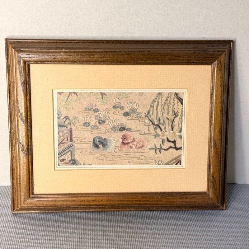 Vintage Asian Duck Pond Framed Textile Art Embroidery Wall Hanging