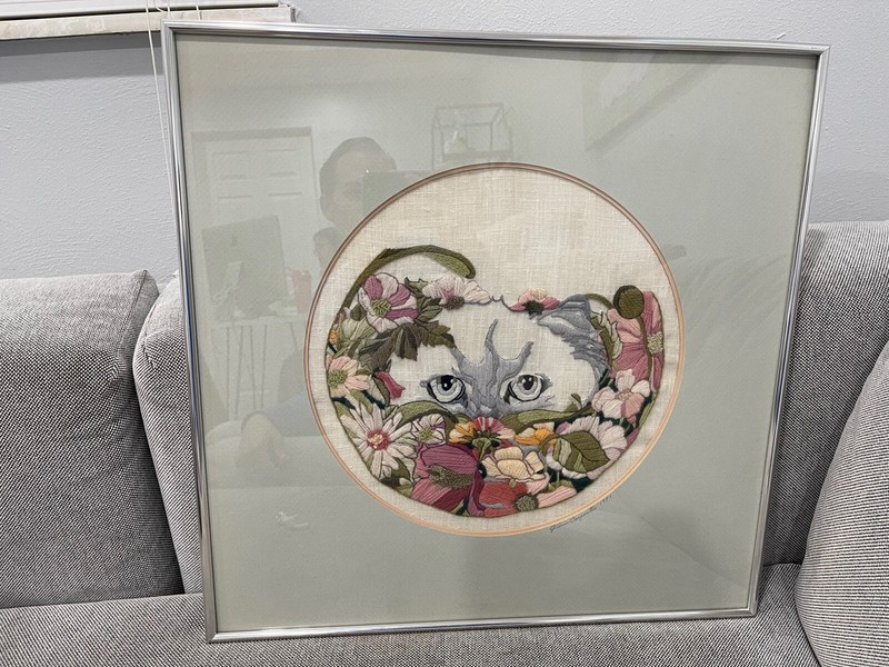 1981 Signed JoAnn Jo Ann Carpenter Framed Embroidery Textile Art Cat in Flowers