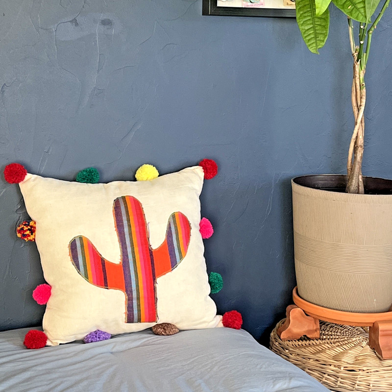 Eclectic Array Vibrant Colorful Cactus Accent Pillow Multicolor Pom-Pom (16×16)