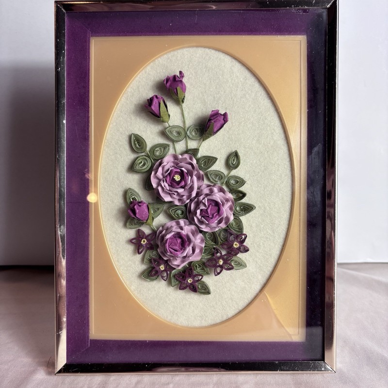 Vtg Framed Paper Floral 3D Art Purple Green Tole Cottage Granny Shabby Gallery ￼