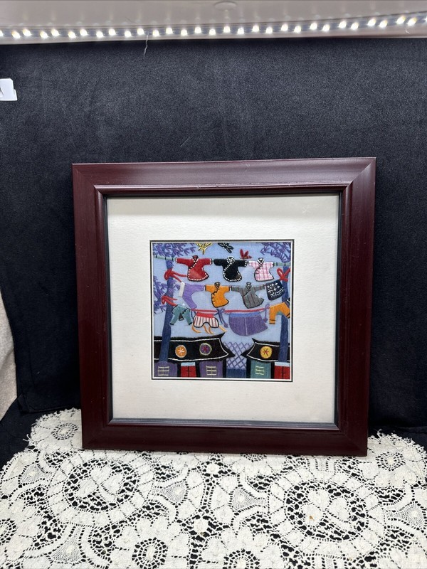 IKEA Ribba Framed Chinese Silk Embroidery Colorful Houses Dragonfly
