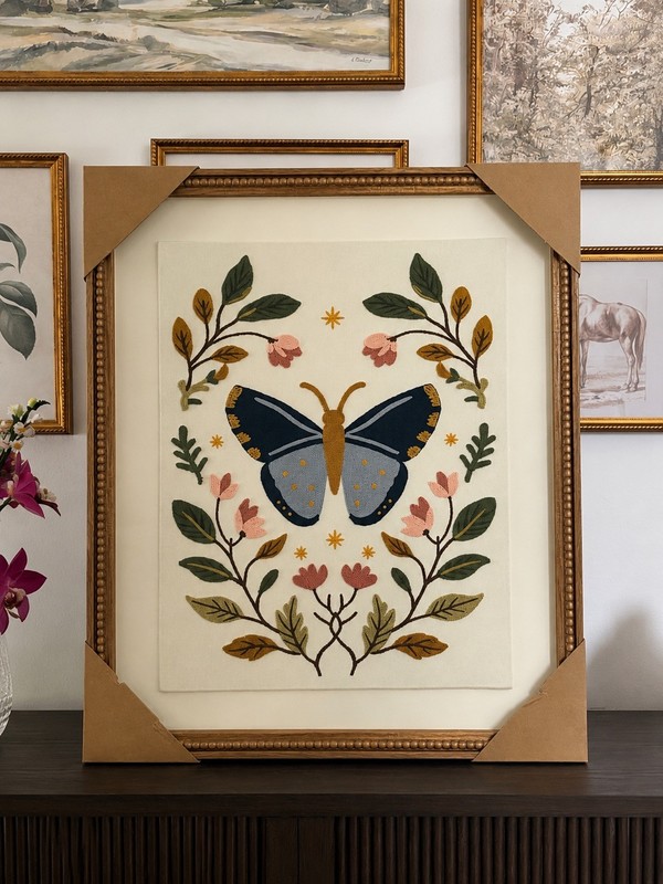 BP Home Woven Embroidery Blue Butterfly With Flowers 21.75”x25.75”