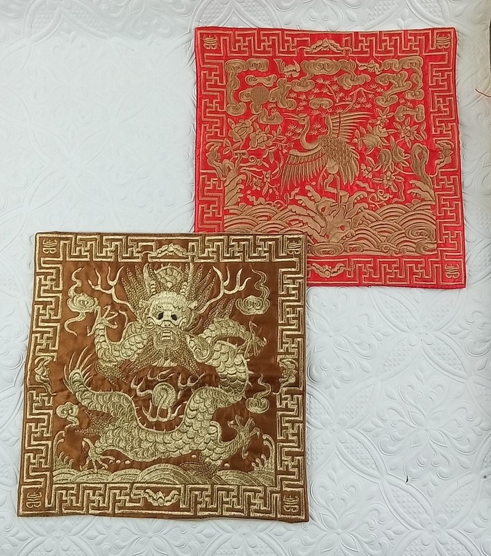 Oriental Chinese Silk Embroidery ×2 Shrine Altar Cloth Mug Rugs Coasters 10.5″