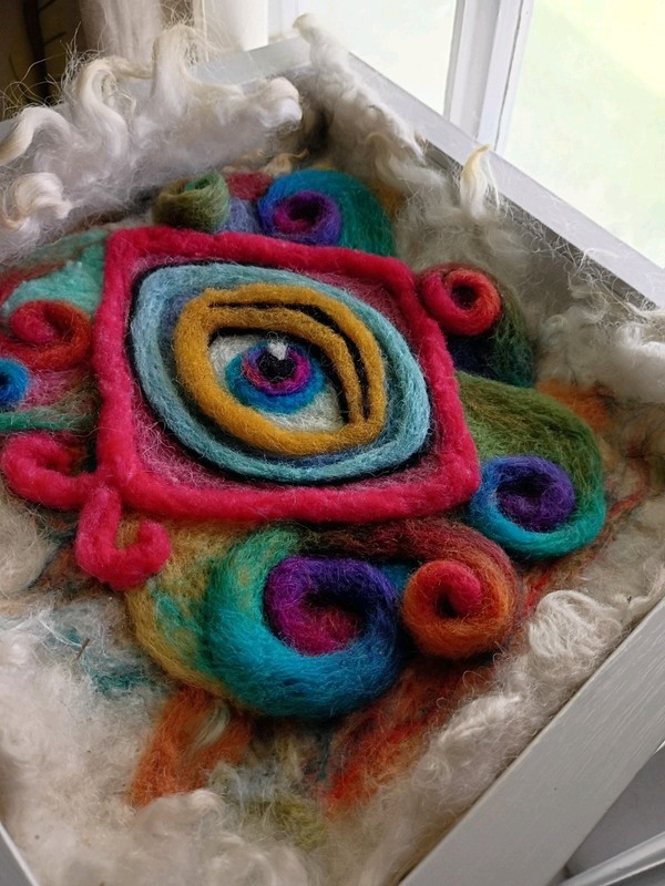 Evil Eye, Phychedelic Inspired, Wet And Needle Felted Art, Raw Alpaca Wool gallery