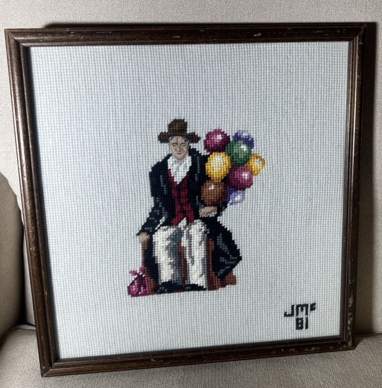 Vintage 1981 Balloon Man Needle Point Cross Stitch Framed 12×12 In Initials